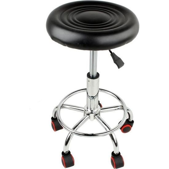 Tabouret Bureau Avec Dossier - Roulettes, Hauteur Réglable 48-58 Cm - Cuir PU Noir