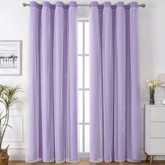 Rideaux Occultants étoilés Freyamy - 2 Pièces Gris 160x132cm - Thermiques Et Voile Intégrée Pour Chambre Fille