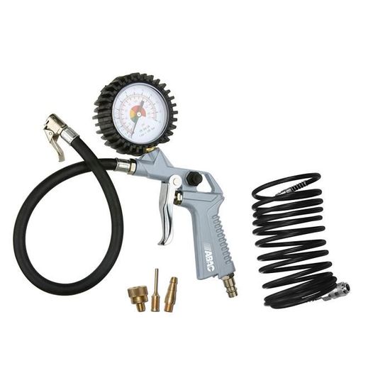 Kit De Gonflage ABAC 5 Pièces G-812IG - Gonfleur Pneus Avec Manomètre, Tuyau Spirale 5 M, 3 Embouts, Max 8 Bar