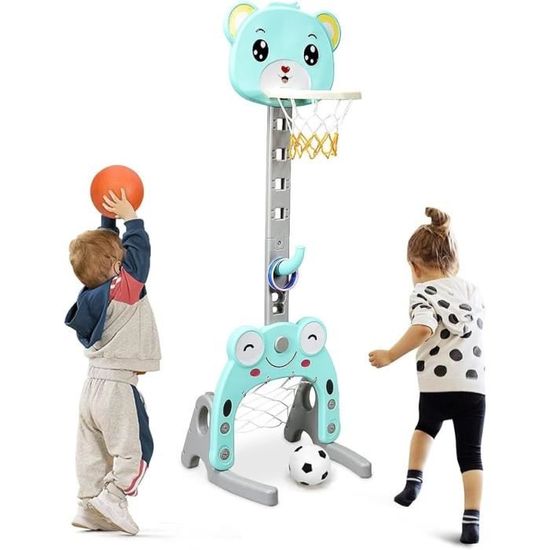 Hoopyosms 3-en-1 Panier De Basket Enfant – Hauteur Réglable + But De Foot + Lancer D'anneaux – Pour Intérieur Et Extérieur – Gris
