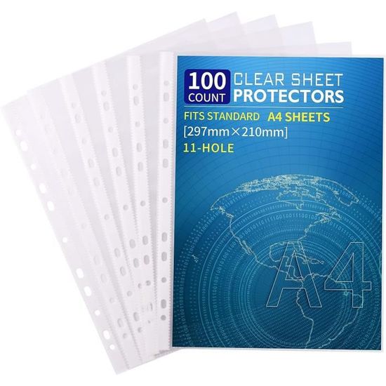 Lot De 100 Pochettes Transparentes Multi-Perforées - Format 31 X 24 Cm - Compatibles Tous Classeurs à Anneaux