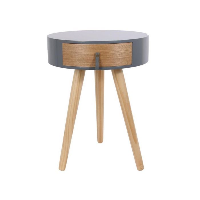 Table de chevet ronde en bois avec tiroir - Nora - D 34,5 x 47 cm - Gris Beige