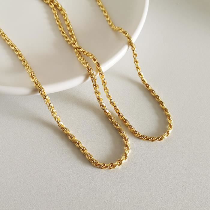 2 Pièces Chaîne de corde plaquée or véritable 18k 2mm acier inoxydable chaîne hommes collier femmes chaînes 24 pouces