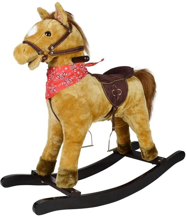 Cheval à bascule avec effets sonores et poignées en bois charge max 50 kg pour enfants de 1 an peluche à bascule animal jouet marro