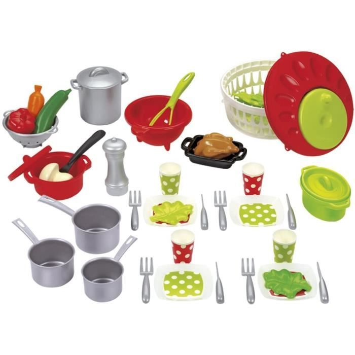 Jouets Ecoiffier – 2621 - Set de cuisine pour enfants 100 % Chef – Viande, légumes et ustensiles de cuisine – 47 pièces – Dès 18 moi