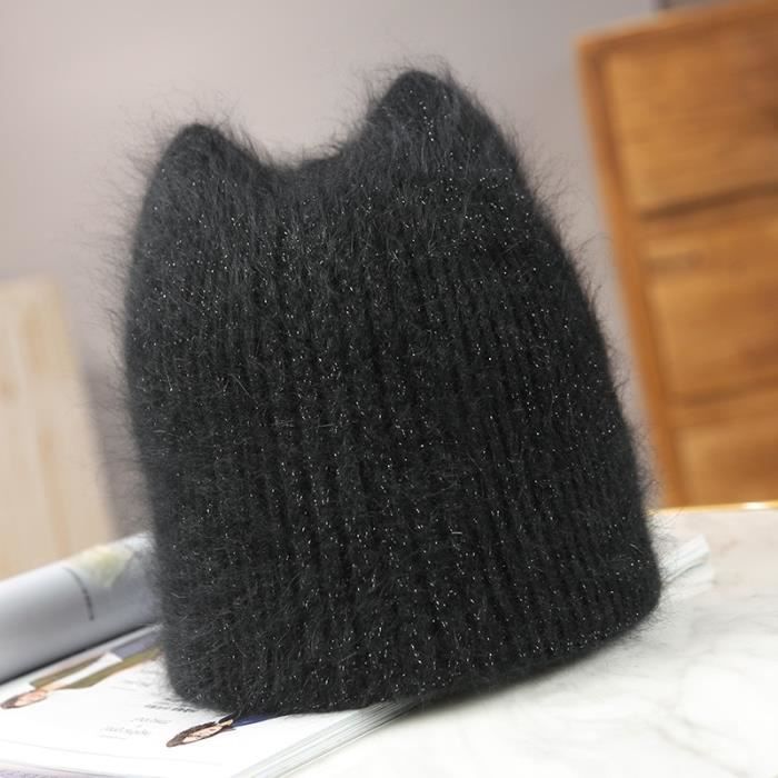 Simple fille lapin fourrure oreille bonnet chapeau pour femmes hiver Skullies chaud laine casquette black 56-61CM