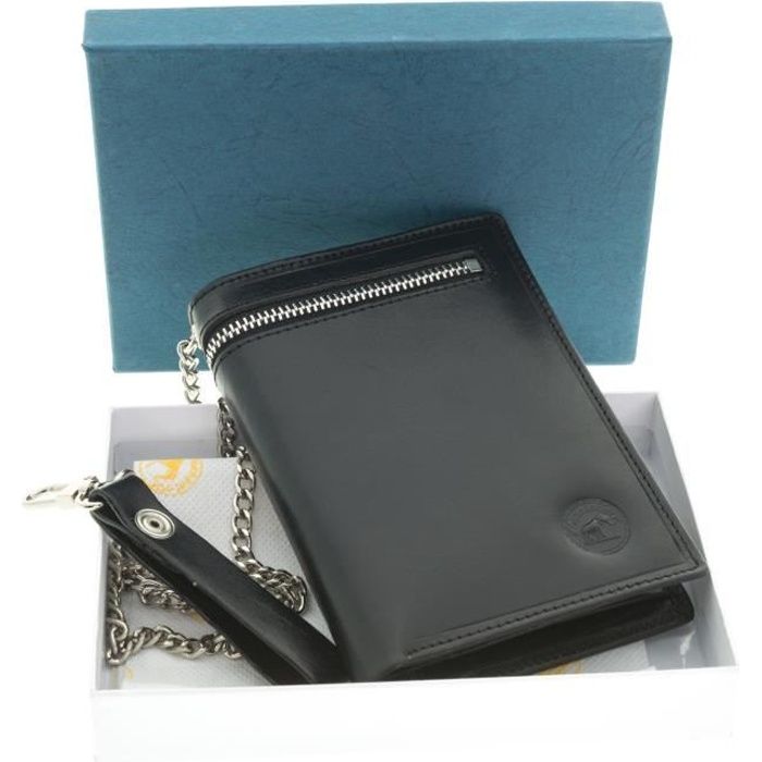 COFFRET PORTEFEUILLE CHAINE HOMME CUIR + PINCE BILLETS + LOUPE + BOITE CADEAU - NOEL - FETE PERES - ANNIVERSAIRE - NOIR Noir