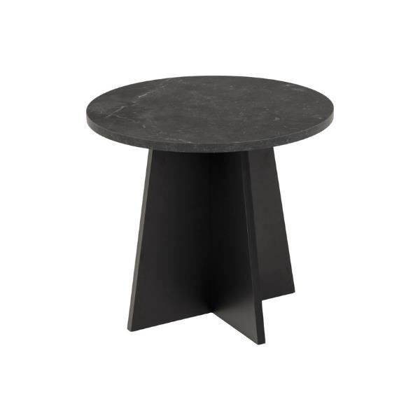 Table basse ronde Axo en impression marbre noir mat, avec base et finition en mélamine.
