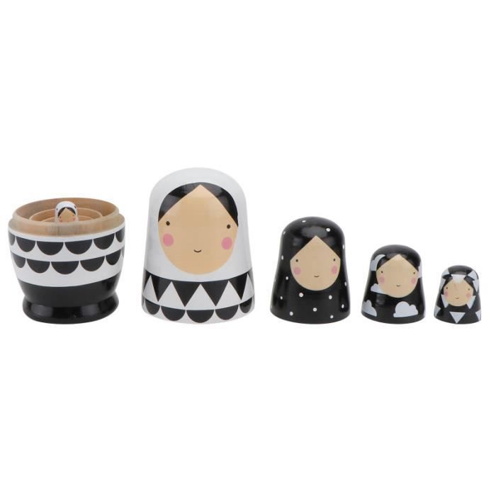 5pcs poupée russe matriochka jouet enfants poupée de nidification en bois (noir, blanc)
