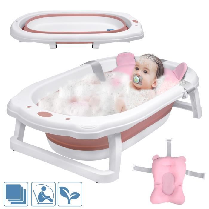 LZQ Baignoire pour bébé - Pliable - Avec filet de drainage - avec tapis de bain- Convient pour les bébés de 0 à 8 ans - Rose