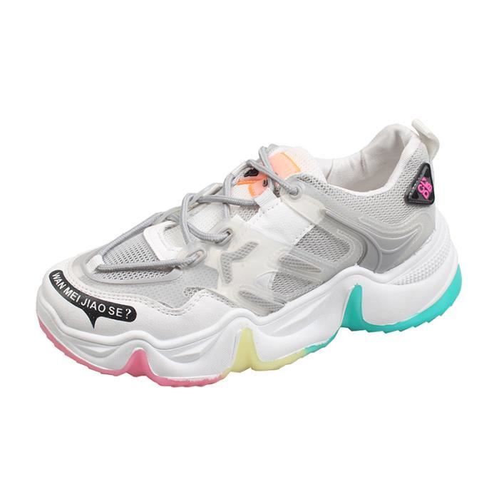 Baskets femme respirantes en mesh léger printemps / été 2020-Blanc/Gris/Orange rouge/Bleu clair