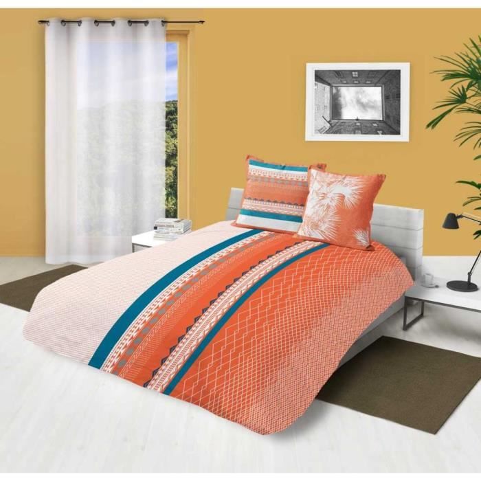 Parure housse de couette en coton 240x220 cm 57 Fils PISE corail par Soleil d'ocre . Lit 2 places au design géométrique ultra