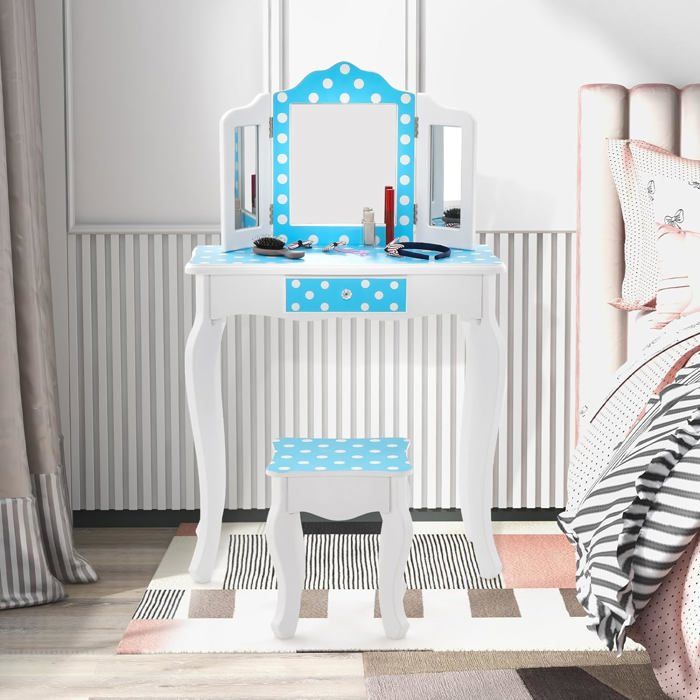 GOPLUS Coiffeuse Enfant avec Tabouret 2 en 1 Table de Maquillage avec Miroir Rabattable Tiroir Unique Plateau Amovible Bleu
