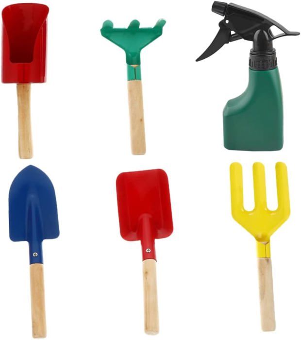Lot De 5 Outils De Jardin Et Plage Pour Enfants – Pelles En Bois Et Métal – Rouge, Rose, Jaune, Bleu, Vert