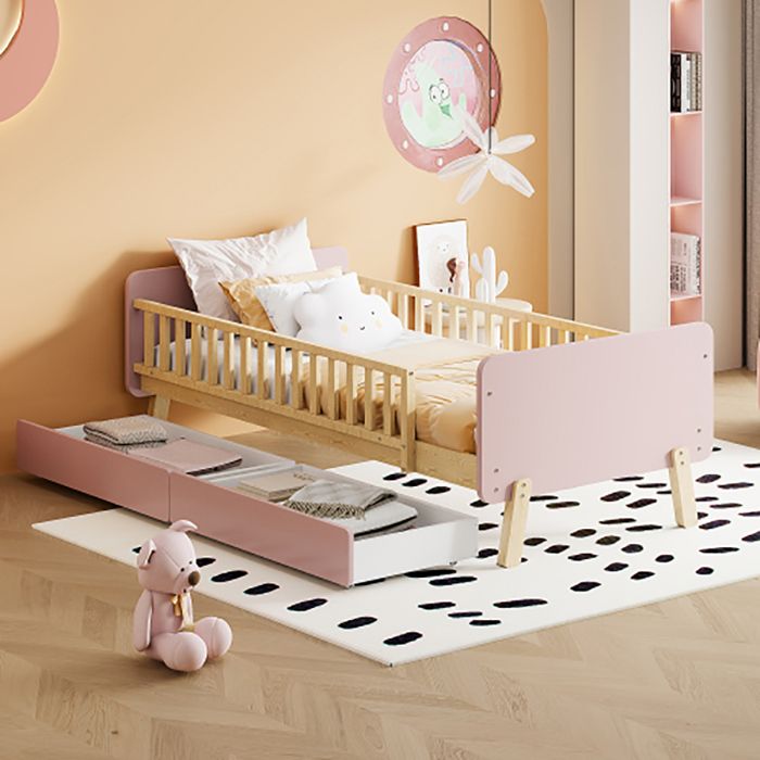 Lit simple 90x190 cm - avec tête de lit rangement et 2 tiroirs, compartiments ouverts, bois massif partiel - sans matelas - blanc et chêne clair