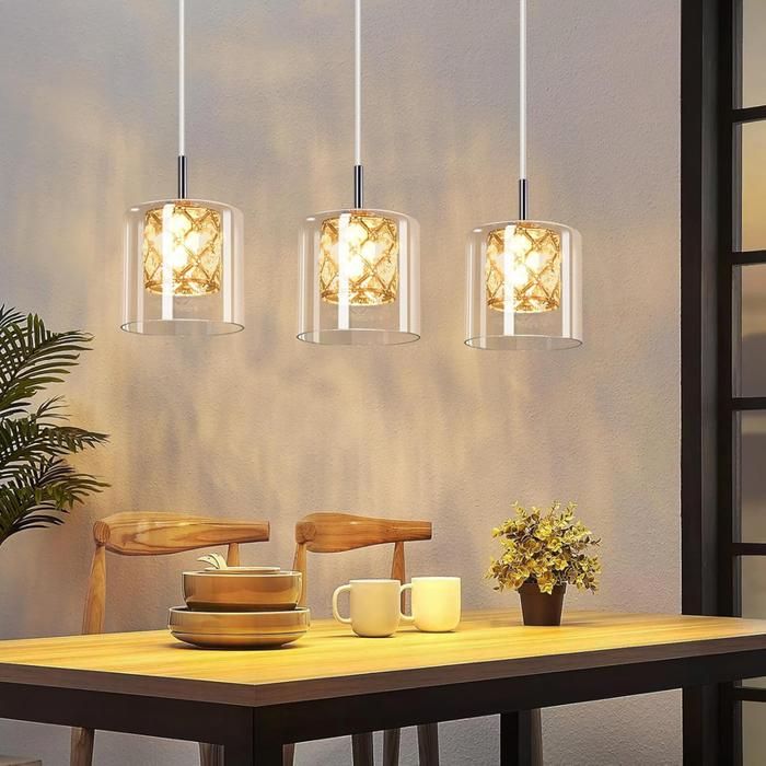 Lampe suspendue - NETTLIFE - 3 flammes G9 120 cm - Abat-jour verre blanc - Structure métal - Ø48 cm