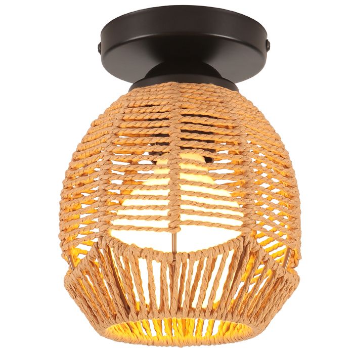 SNOGOLD Plafonnier Tissé Suspension en Rotin Lampe de Plafonde Rustique Lanterne Ovale E27 Luminaire pour Salon Couloir