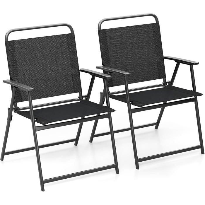 Lot de 2 Chaises Pliantes de Jardin COSTWAY Dossier Accoudoirs Cadre en Métal Charge 150KG Portable pour Terrasse Balcon Plage