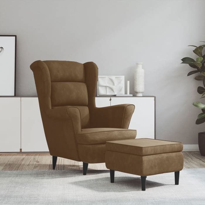 Fauteuil à oreilles - SWEETY - avec tabouret marron velours - L 78xP 90xH 96.5 cm EU2323