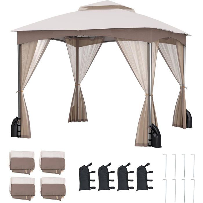 GOPLUS Tonnelle de Jardin Exterieur 3 x 3 m Lestage PoidsToit Double Ventilé Piquets de Sol et 4 Sacs de Sable (3x3MBeige)