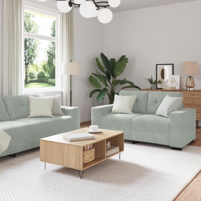 Ensemble de canapé 3 pièces - Velours gris clair - 6 places - Style contemporain - Confort moelleux