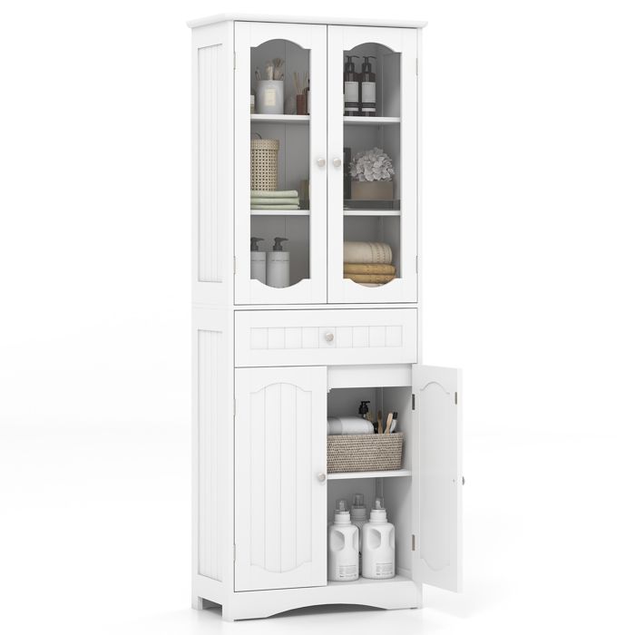 GIANTEX Meuble de Salle de Bain Armoire de Rangement Haute Portes en Verre et Tiroir Étagères Réglables 60 x 30 x 160 cm