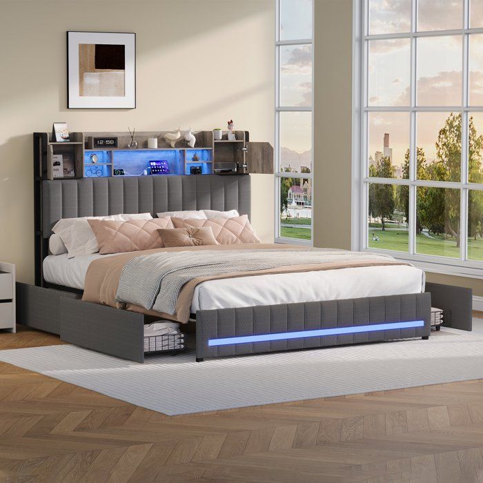 Lit adulte double 160x200 cm avec 4 tiroirs lit capitonné avec tête de lit LED chargement USB Type C Sommier à lattes Lin Gris