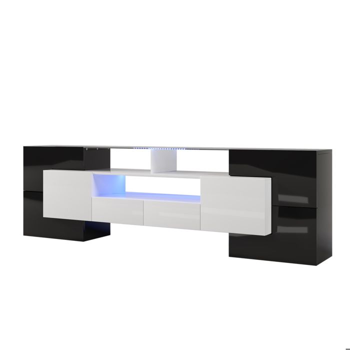 Meuble TV Blanc, Banc TV 160*39*42 cm avec Éclairage Led, 3 Compartiments Ouverts, 2 Portes, 2 Tiroirs, Pour TV 70 Pouces - Maison