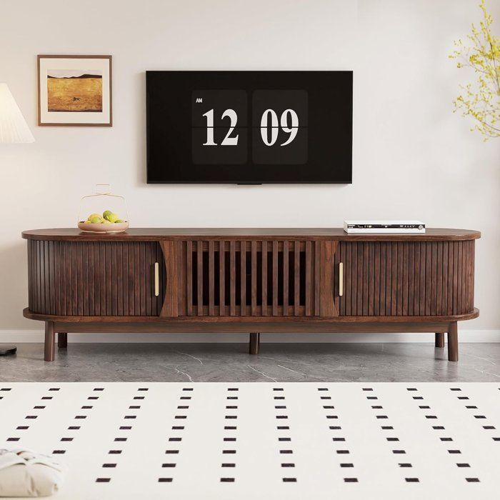 Lowboard TV Marron Meuble TV Plat avec Porte coulissante Porte Rabattable vers Le Bas Jusqu’à 65 Pouces avec Pieds 165x40x46cm