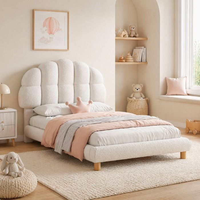 Lit enfant Maisentiel 90x200 cm velours blanc tête demi-cercle rembourrée réglable 93/99 cm sommier 12 lattes capacité 150 kg