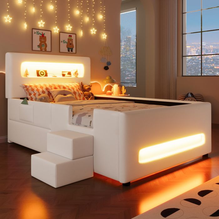 Lit rembourré 90 x 200 cm avec escalier lit enfant avec tiroirs et éclairage LED lit simple en PU avec sommier à lattes beige Lit rembourré 90 x 200 cm avec escalier lit enfant avec tiroirs et éclairage LED lit simple en PU avec sommier à lattes beige