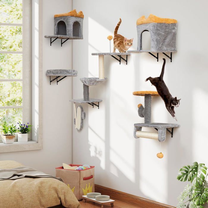 GIANTEX Arbre à Chat Mural avec Hamac Confortable 2 Griffoirs 2 Plateformes Montage Personnalisée Mural