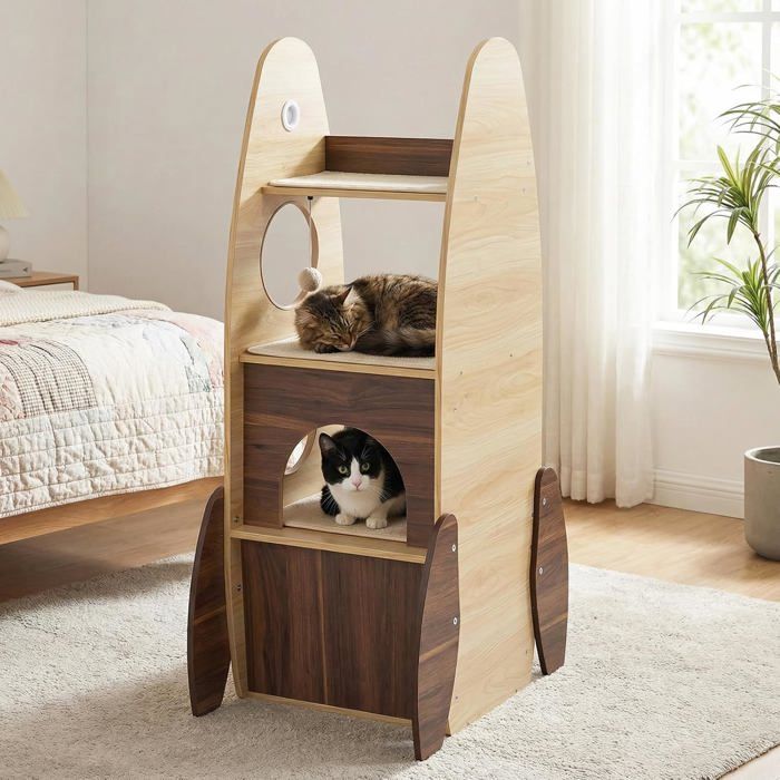 Meilleurs prix pour 120 cm Arbre à Chat Multi-Niveaux Fusée COSTWAY Condo à 2 Étages Plateforme Rembourrée Tapis à Griffer en Sisal Balle Suspendue