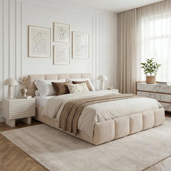 Lit Double CLOUDY Lit Rembourré 160 x 200 cm Queen Size Beige Design Bubble Confort Optimal avec Sommier à Lattes Inclus