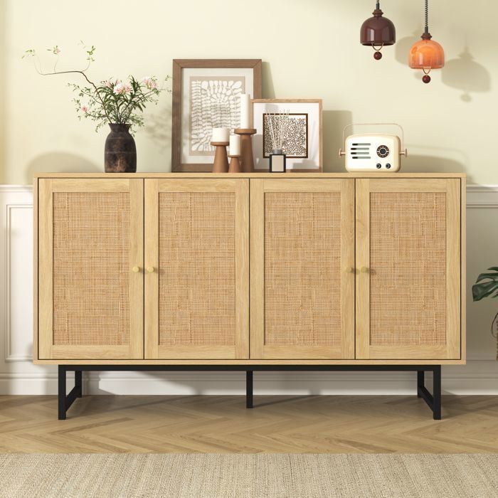 Buffet Salon avec 4 Portes en Cannage et Pieds Métal – Armoire de Rangement Élégant - MERAX - 140x39 5x80 cm Buffet Salon avec 4 Portes en Cannage et Pieds Métal – Armoire de Rangement Élégant - MERAX - 140x39 5x80 cm