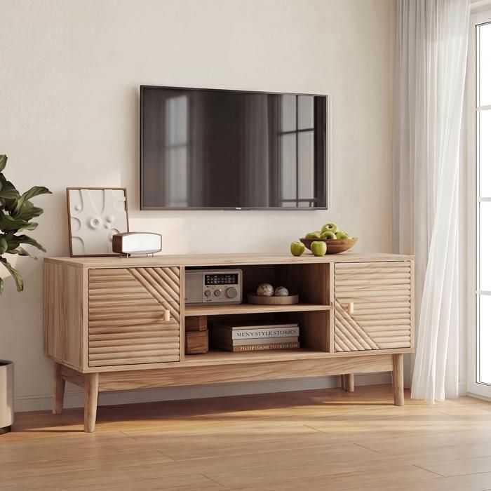Meuble TV - LINHOO - 110 x 40 x 48 cm - MDF effet chêne - Pour TV 32-45 pouces portes passe-câbles