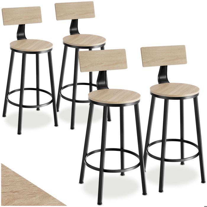 Tabouret de bar - TECTAKE - Lot de 4 tabourets de bar POOLE au style industriel en bois et acier avec repose-pieds - Bois clair
