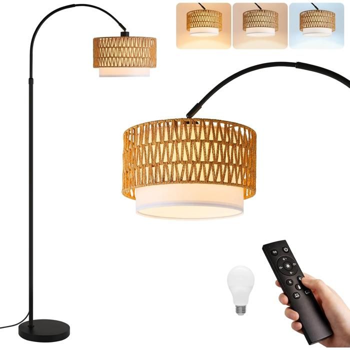 Homefire Lampe sur pied incurvée en osier style bohème : noir rétro luminosité réglable avec télécommande