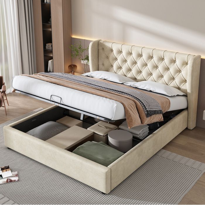 Lit coffre double beige 140×190 cm en velours sommier à lattes inclus tête de lit rembourrée