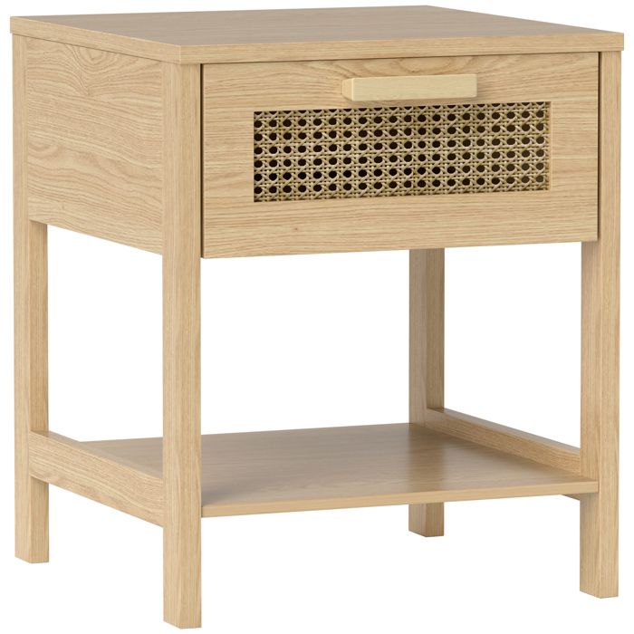 Table de chevet en rotin - 40x40x48 4 cm - Bois naturel - 1 tiroir - Étagère ouverte - Design compact - Rotin naturel