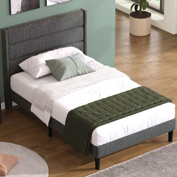 Lit rembourré gris foncé 90 × 200 avec tête de lit sommier et matelas inclus