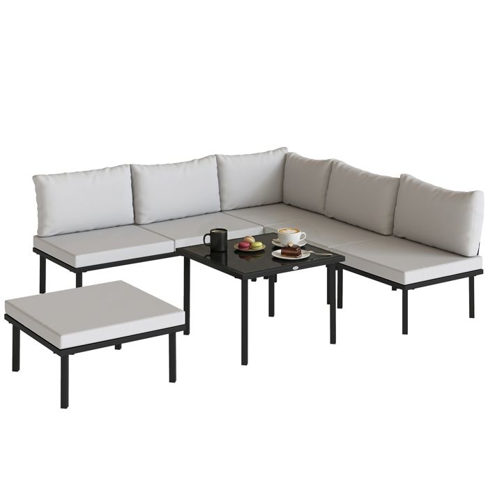 Salon de jardin dangle - Outsunny - modulable - 6 personnes - plateau en verre trempé - métal - 116x605x64cm - gris clair