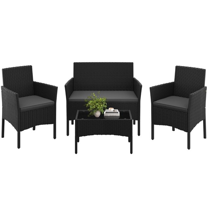 Yaheetech Ensemble Salon de Jardin 4 Pièces en Polyrotin avec Table Causeuse Fauteuils Coussins pour Terrasse Balcon Noir/Gris Yaheetech Ensemble Salon de Jardin 4 Pièces en Polyrotin avec Table Causeuse Fauteuils Coussins pour Terrasse Balcon Noir/Gris
