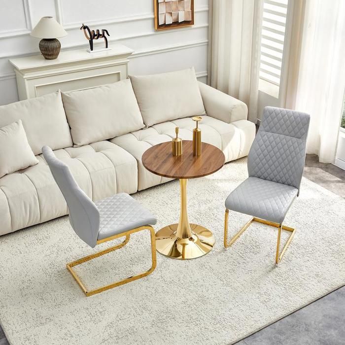 Table à manger avec 2 chaises en gris clair au motif en losange Ensemble de salle à manger ronde en MDF aspect noyer