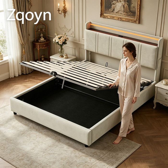 Lit coffre Lit double 140x200cm avec LED et USB Type-C Lit rembourré avec rangement hydraulique Velours Beige Zqoyn