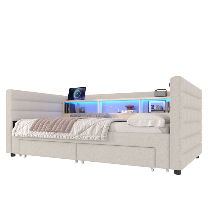 VLIVRA Lit Banquette Lit Simple USB Type-C 2 Tiroirs et LED 90×190 cm sans Matelas en Velours Beige