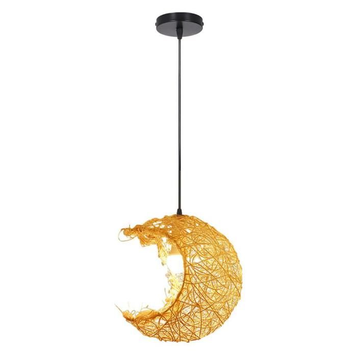 Lustre - Rotin Lune - 32 x 32 cm - Naturel - 1pcs - E27 Suspension Luminaire Pour Chambre Salon Salle - SMOTOP