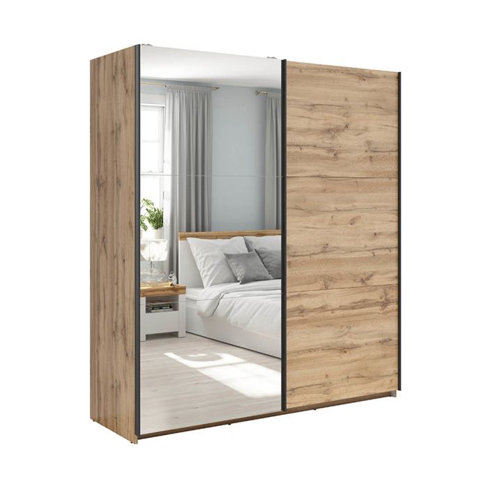 Armoire placard à 2 portes coulissantes dont 1 porte avec miroir coloris Chêne wotan Armoire placard à 2 portes coulissantes dont 1 porte avec miroir coloris Chêne wotan