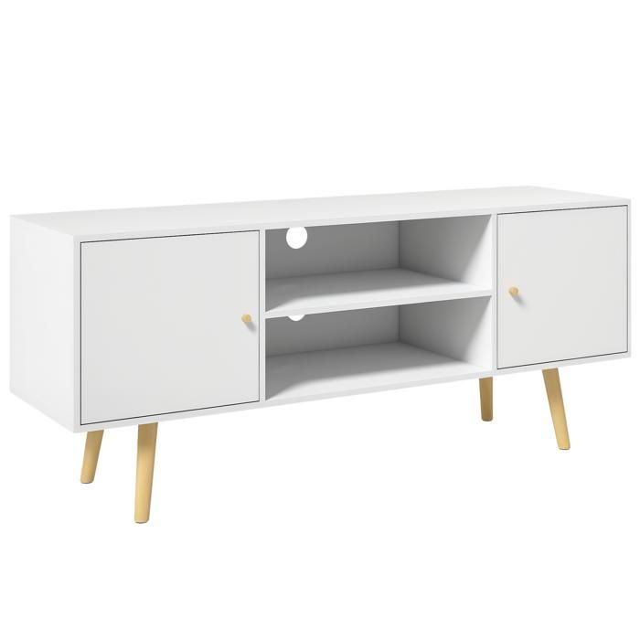 Meuble TV scandinave 120 cm - 2 portes 2 niches ouvertes - passe-câbles - pieds bois pin - panneaux blanc - pour salon
