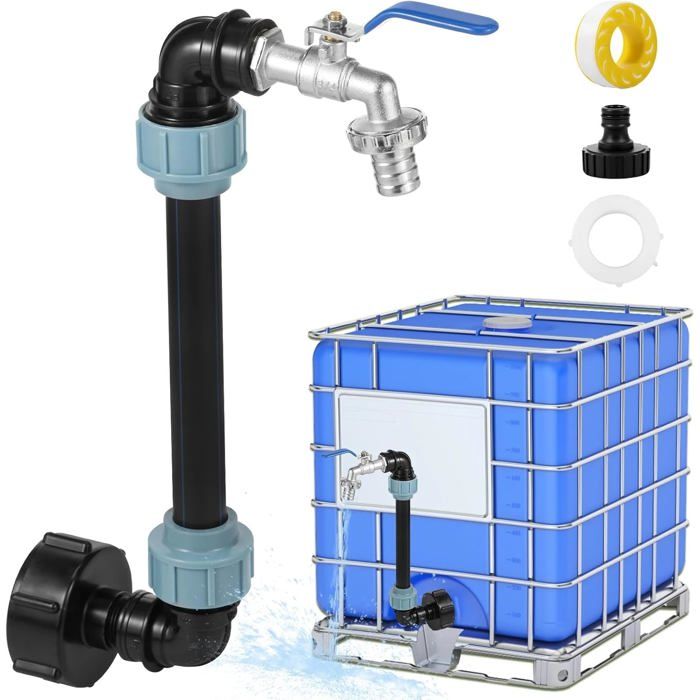 Ensemble dadaptateurs de réservoir IBC avec robinet en laiton 3 / 4 prise pour réservoir de pluie 1000l (bleu)
